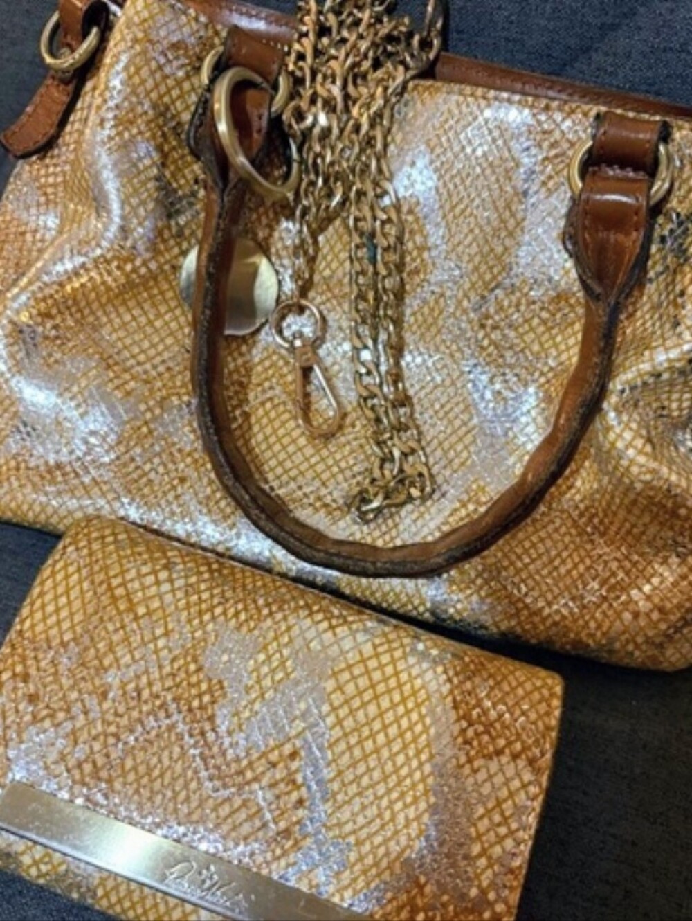 Patricia Nash 10th Anniversary Metallic Snake-print Bag and Wallet Set EUC